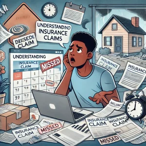 Florida homeowner overwhelmed by delayed insurance claim paperwork with a storm-damaged house in the background.