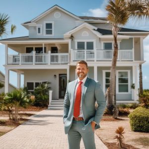 Real estate agent standing in front of a coastal-style home in Pensacola, Florida.