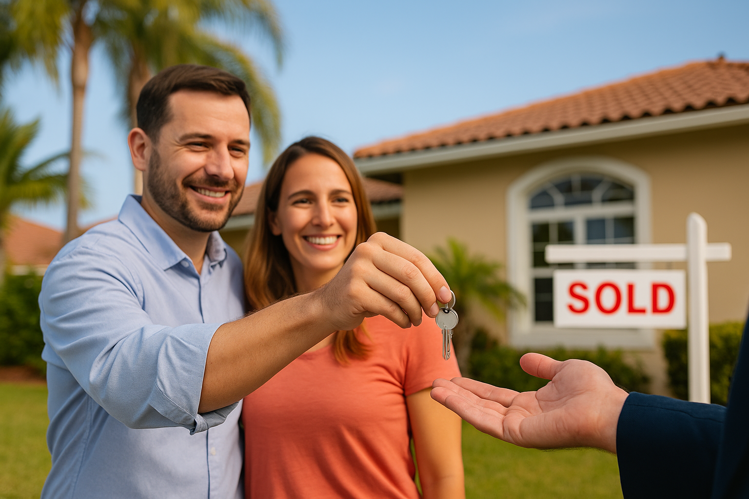 Family Hands Over Keys to Cash Buyer in Florida Florida family handing house keys to a cash buyer outside their home.