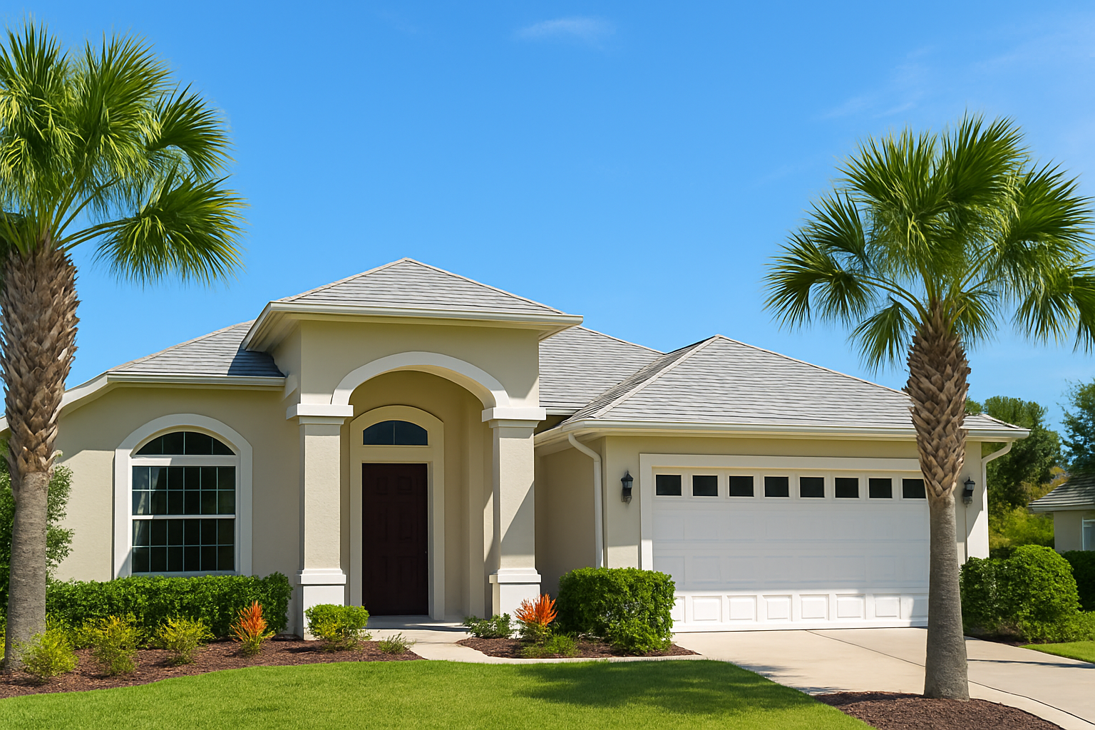 Florida Home with Palm Trees – Down Payment Impact Florida stucco home with palm trees and clear skies, symbolizing down payments in real estate.