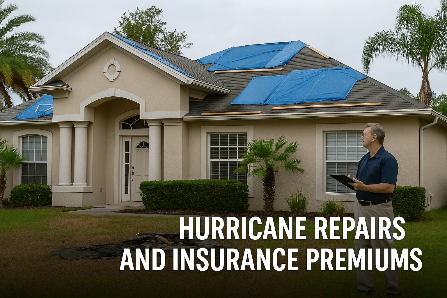 Florida House with Storm Damage Florida home with storm damage and blue tarp on roof, showing real estate challenges.