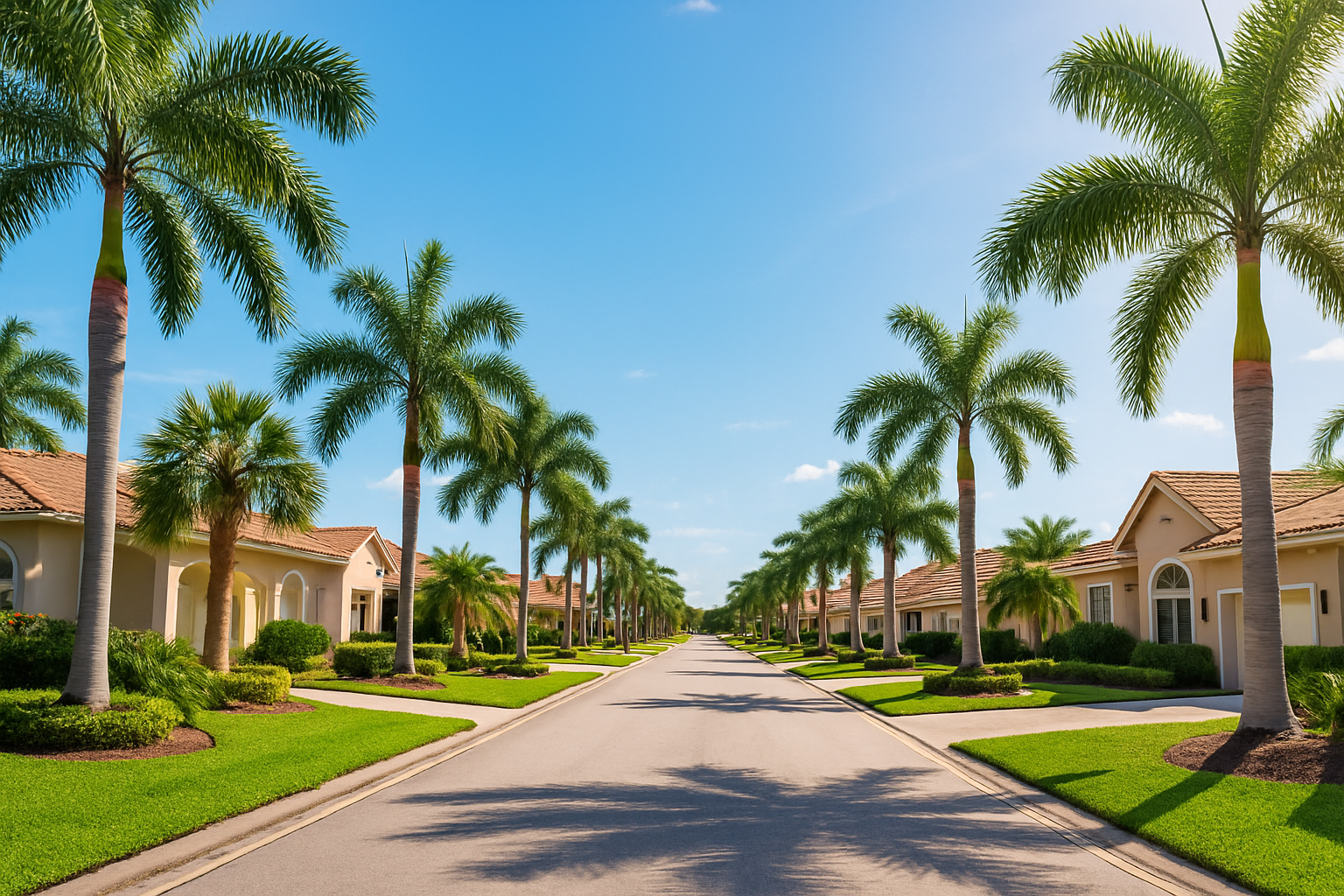 Florida Street with Palm Trees – Call to Action Sunny Florida residential street lined with palm trees and stucco homes, symbolizing a fresh start for cash home sellers.