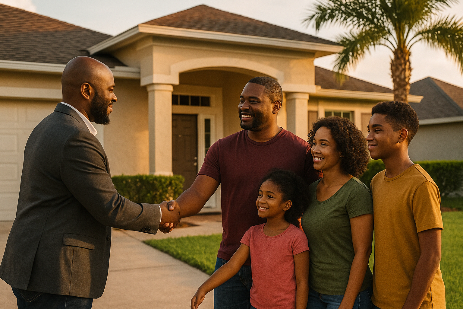 Florida Family Cash Home Sale – French Investments African American family shaking hands with a real estate investor outside their Florida home after a cash sale