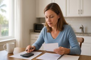 Pensacola homeowner furloughed from work reviewing bills at a kitchen table, bright coastal home interior, calm atmosphere.