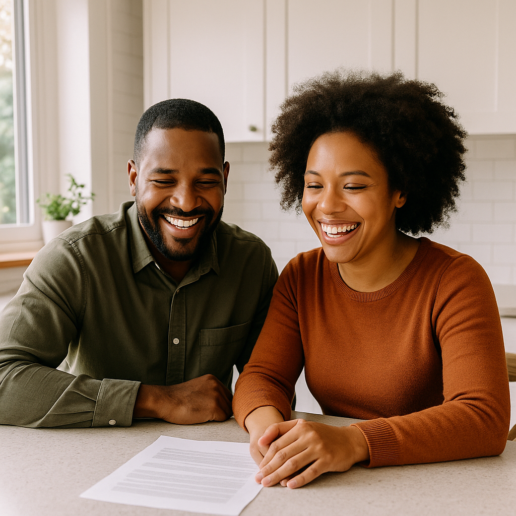 Real Florida Experiences – French Investments Florida couple smiling at their kitchen table after a successful cash home sale.