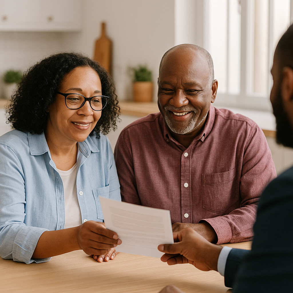 Real Florida Stories – French Investments Happy Florida couple reviewing paperwork after a successful cash home sale.
