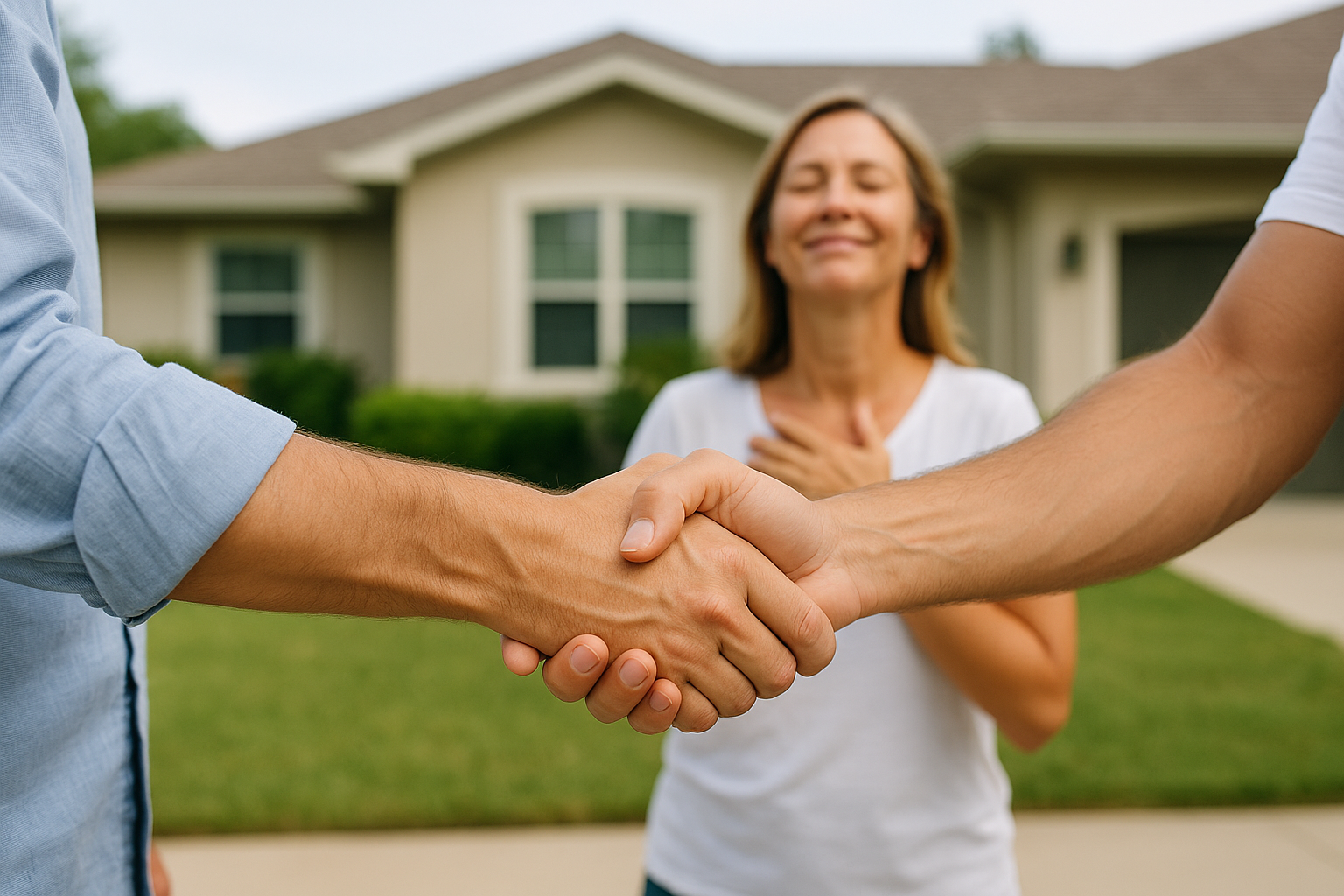 homeowner-relief-handshake-tampa-bay Close-up handshake in front of a home with a relieved homeowner smiling in the background, symbolizing a stress-free selling experience