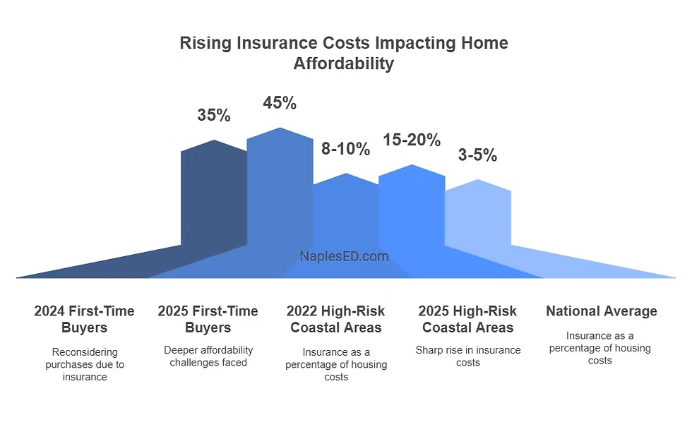 rising-insurance-costs-impacting-home-affordability Bar graph showing rising insurance costs and their impact on home affordability for first-time buyers and high-risk coastal areas.