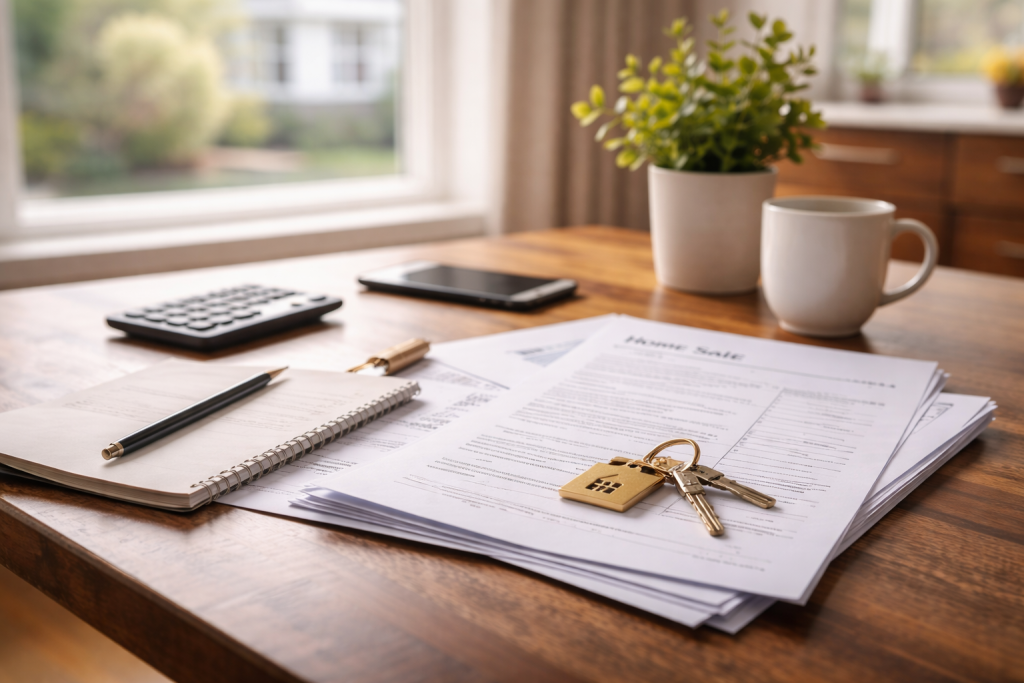 Home sale documents and house keys on a kitchen table representing selling a home due to life changes rather than market conditions