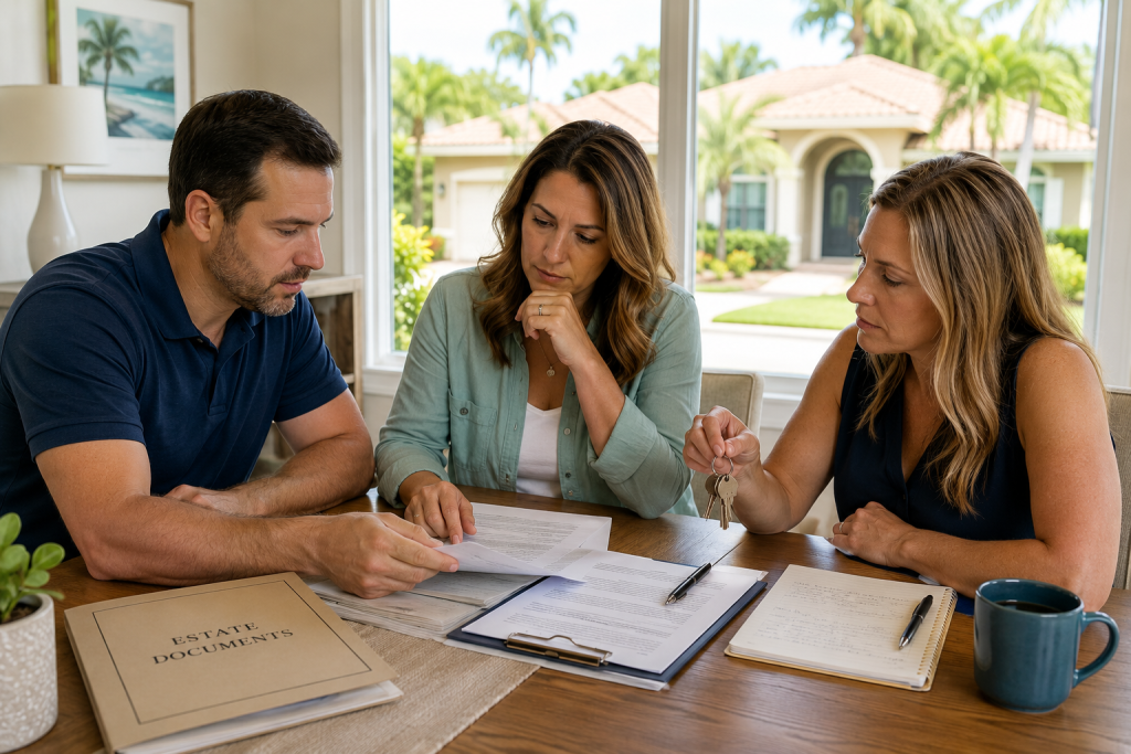 Adult siblings reviewing inheritance paperwork while discussing the sale of an inherited house in Florida.