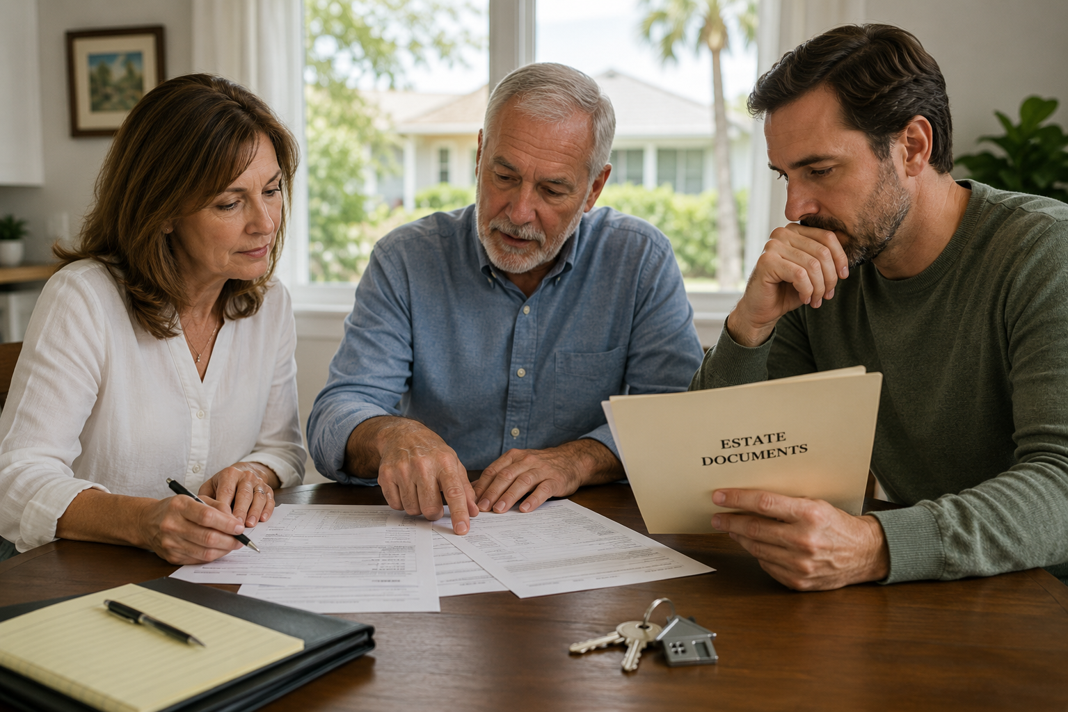 Family members reviewing probate paperwork before selling an inherited house in Florida.