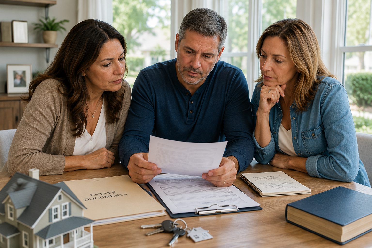 Adult siblings reviewing estate documents while discussing the sale of an inherited house in Florida.